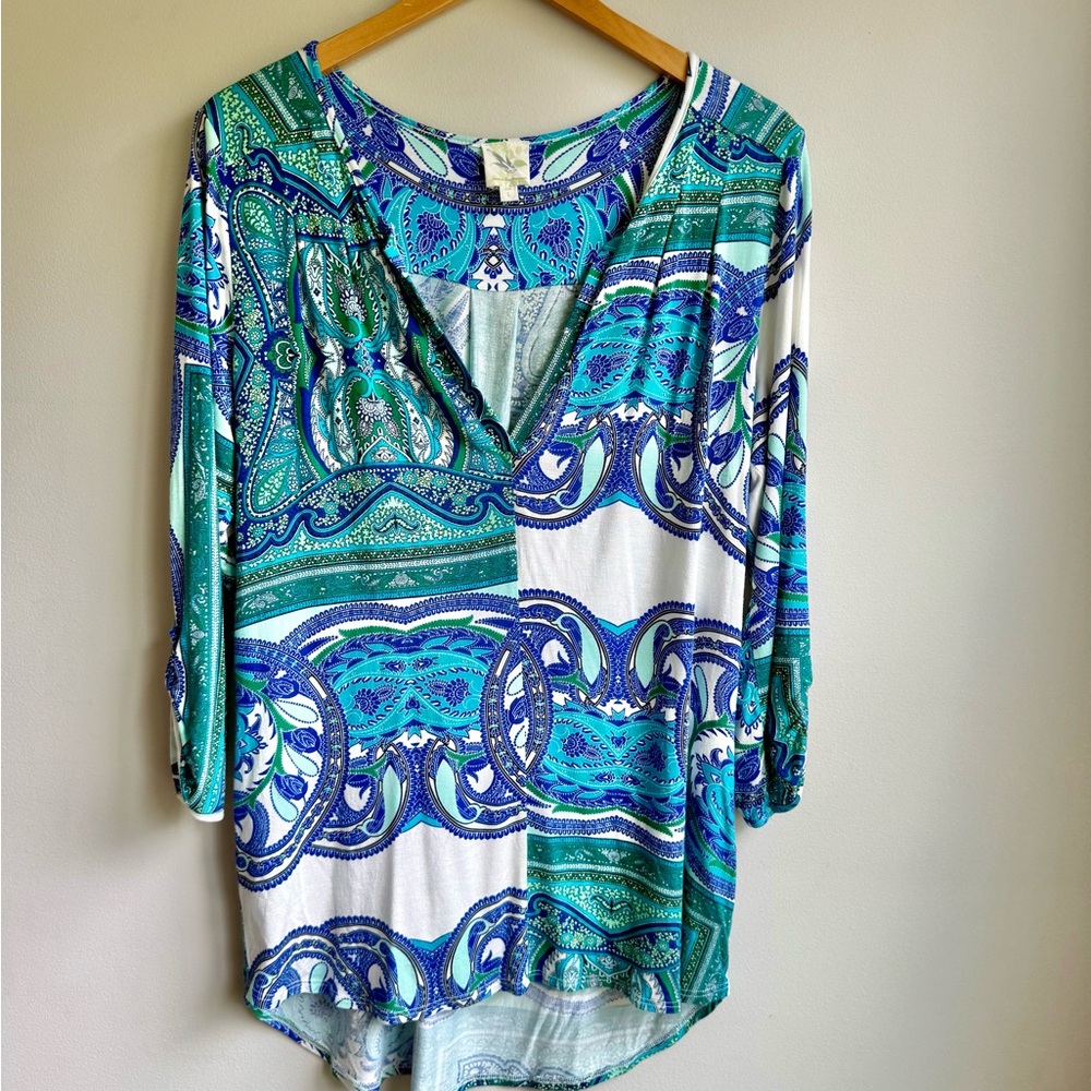 Anthropologie Blue Graphic 3/4 Sleeve Tunic